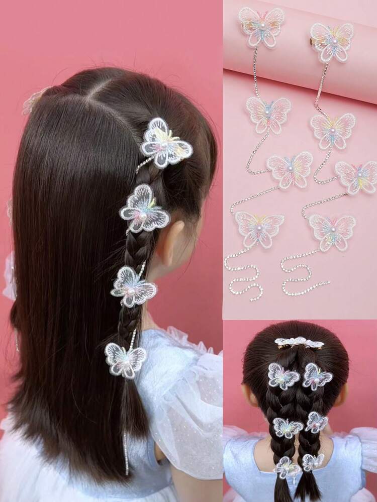 1pair Girls' White Bowknot Rhinestone Chain Hair Clip, Ladylike Hair Accessory With Chain Decor, Suitable For Wedding Or Birthday Party - White - View 1