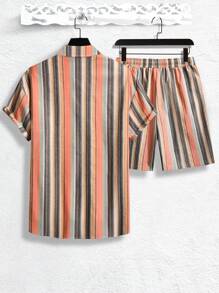 Manfinity RSRT Men Cotton Striped Shirt & Drawstring Waist Shorts Without Tee , Linen , Vacation , Colorful , Boyfriend Gift , Casual