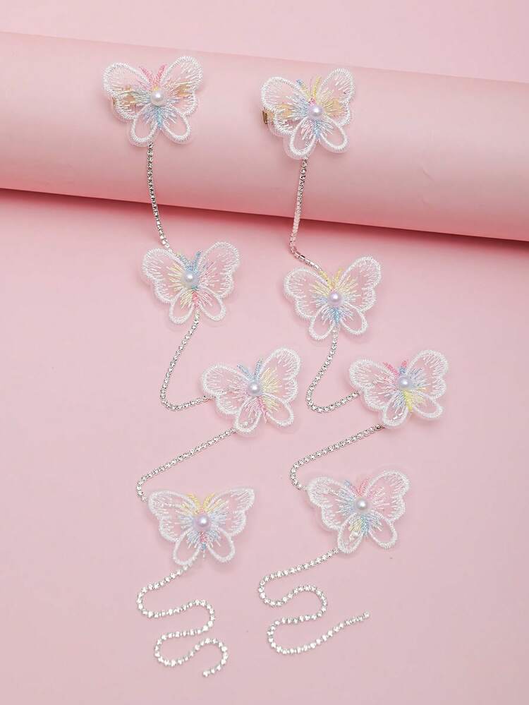 1pair Girls' White Bowknot Rhinestone Chain Hair Clip, Ladylike Hair Accessory With Chain Decor, Suitable For Wedding Or Birthday Party - White - View 2