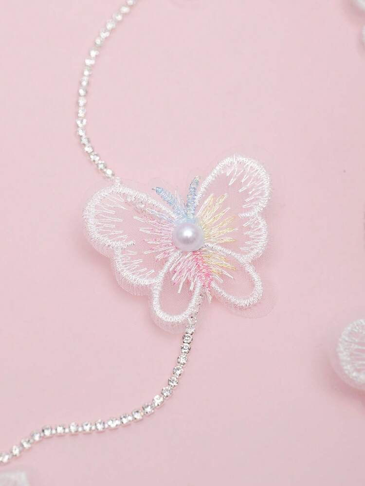 1pair Girls' White Bowknot Rhinestone Chain Hair Clip, Ladylike Hair Accessory With Chain Decor, Suitable For Wedding Or Birthday Party - White - View 3