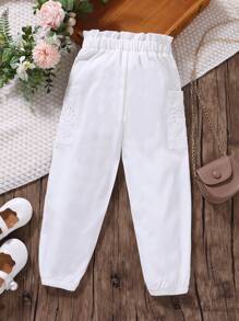 SHEIN Quần con gái lớn Túi Tranh thêu Quần paper-bag màu trơn Giải trí - trắng - Xem 2