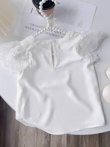 SHEIN Áo sơ mi bé gái Tương phản ren màu trơn Dễ thương - trắng - Xem 2