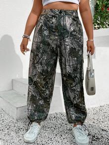 SHEIN Coolane Plus Allover Print Flap Pocket Side Drawstring Hem Cargo Trousers - Multicolor - View 8