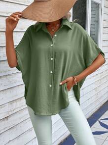 SHEIN LUNE 蝙蝠袖前紐扣襯衫 - 軍綠色 - 查看 3