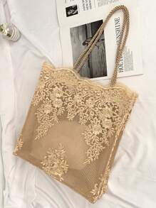 隨機花朵圖案單肩托特包帶內袋 - 香檳色 - 查看 4