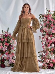 Vestido de hombros descubiertos de manga con volante bajo con fruncido de malla - Caqui - Ver 1