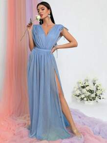 Vestido de hombro con cordón de muslo con abertura - Celeste - Ver 1