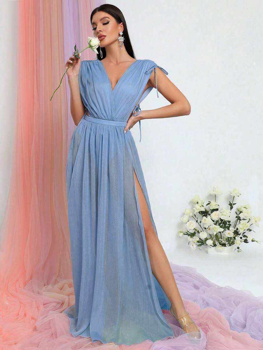 Vestido de hombro con cordón de muslo con abertura - Celeste - Ver 1