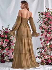 Vestido de hombros descubiertos de manga con volante bajo con fruncido de malla - Caqui - Ver 2