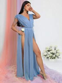 Vestido de hombro con cordón de muslo con abertura - Celeste - Ver 6