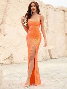 Split Thigh Sequin Cami Dress - Burnt Orange - View 1