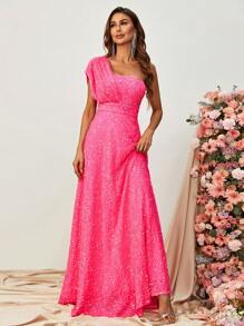 One Shoulder Sequin Maxi Formal Dress - Hot Pink - View 1