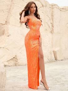 Split Thigh Sequin Cami Dress - Burnt Orange - View 3