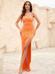 Split Thigh Sequin Cami Dress - Burnt Orange - View 4