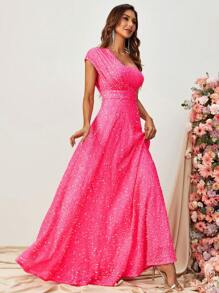 One Shoulder Sequin Maxi Formal Dress - Hot Pink - View 3