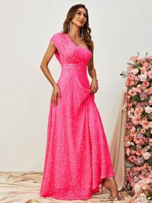 One Shoulder Sequin Maxi Formal Dress - Hot Pink - View 4