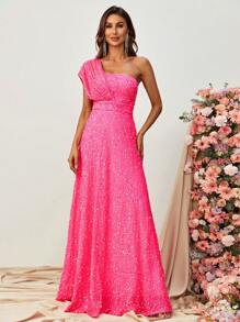 One Shoulder Sequin Maxi Formal Dress - Hot Pink - View 5