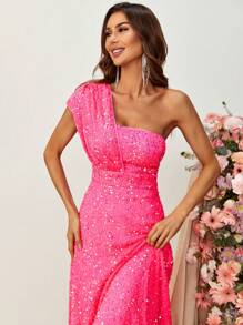 One Shoulder Sequin Maxi Formal Dress - Hot Pink - View 6