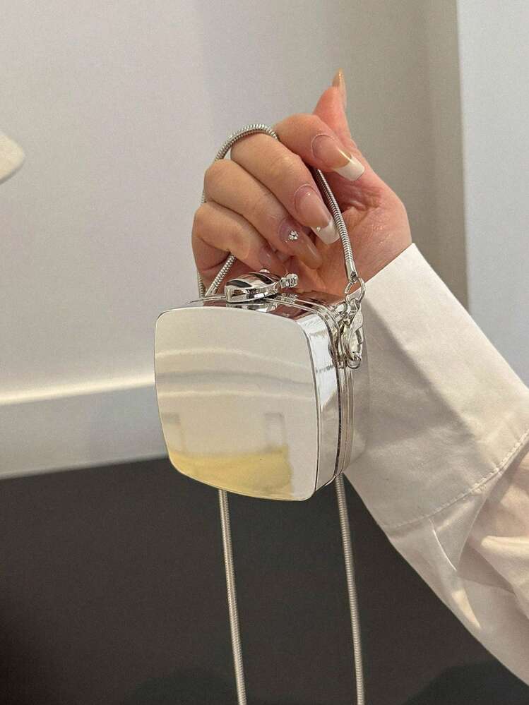 Mini Minimalist Box Bag Metallic Chain Strap, Funky, Punk & Bag For Street Wear - Silver - View 1