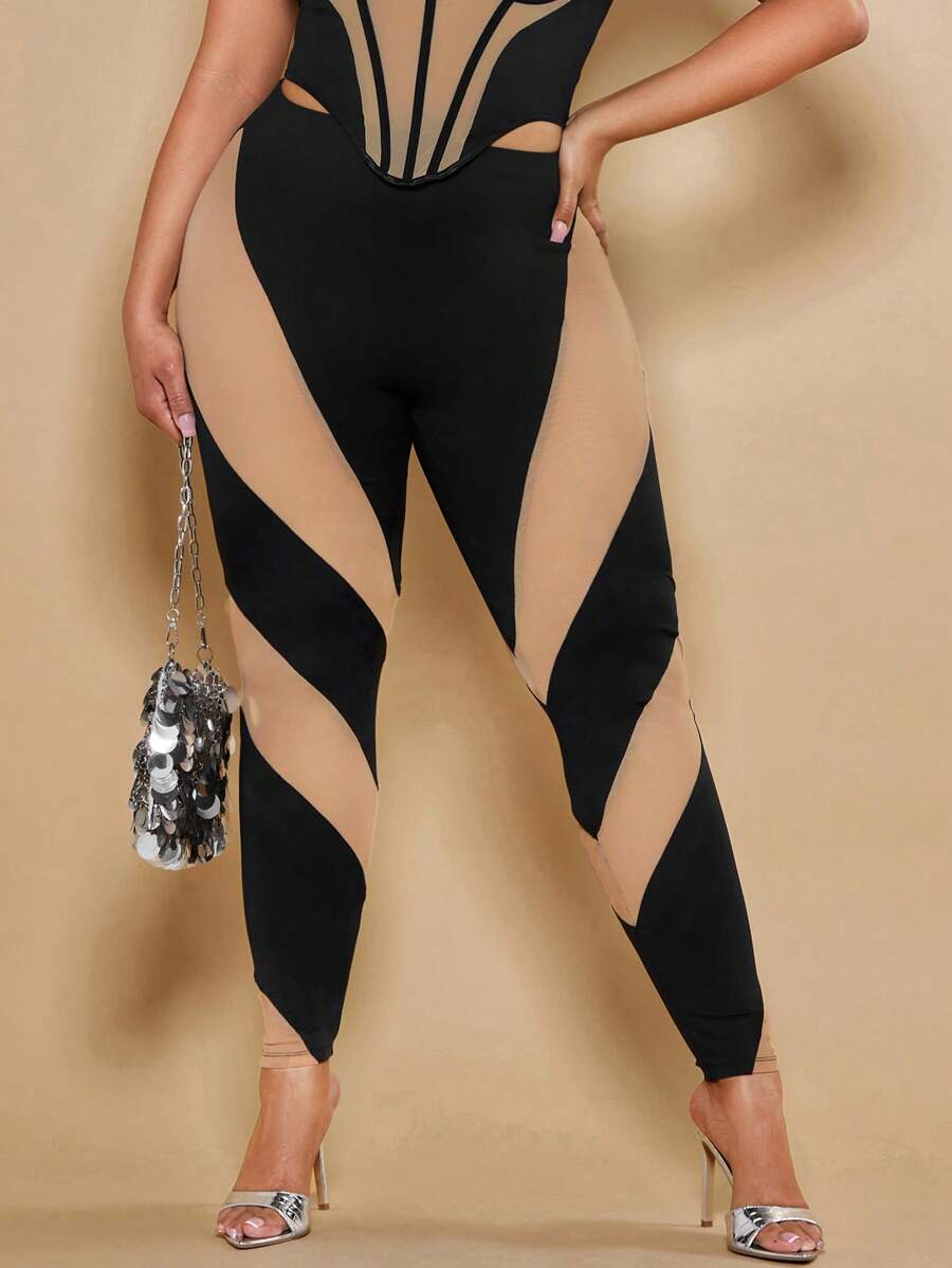 SHEIN BAE Plus Two Tone Mesh Insert Leggings - Multicolor - View 1