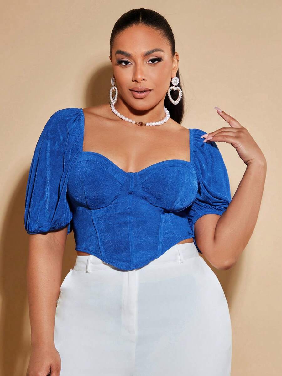 SHEIN BAE Plus Sweetheart Neck Puff Sleeve Asymmetrical Hem Tee - Blue - View 1