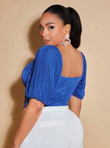 SHEIN BAE Plus Sweetheart Neck Puff Sleeve Asymmetrical Hem Tee - Blue - View 2