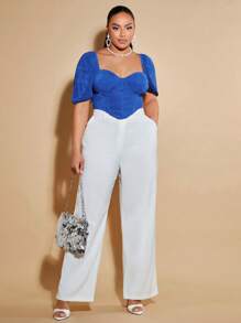 SHEIN BAE Plus Sweetheart Neck Puff Sleeve Asymmetrical Hem Tee - Blue - View 3