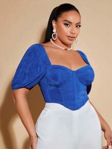 SHEIN BAE Plus Sweetheart Neck Puff Sleeve Asymmetrical Hem Tee - Blue - View 5