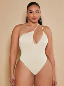 SHEIN BAE Plus Size Asymmetric Bodysuit - Khaki - View 1