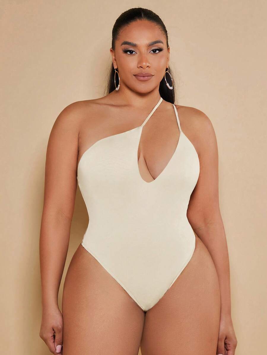 SHEIN BAE Plus Size Asymmetric Bodysuit - Khaki - View 1