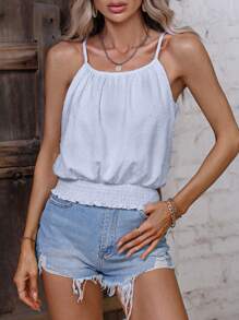 SHEIN LUNE Áo khoác và áo lót dành cho xe tăng nữ viền lá sen Dải chun màu trơn Boho - Màu xanh nhạt - Xem 3