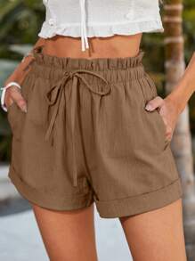 Breezaya High-Waisted Loose Women's Casual Shorts - Elastic Waist Washed Cotton - Brown - View 3