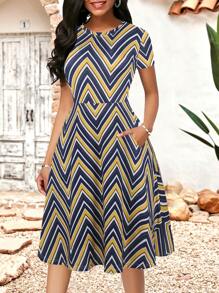 Chevron Print Hidden Pocket Dress - Multicolor - View 1