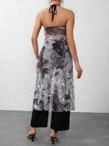 SHEIN LUNE Tie Dye Split Hem Halter Top & Wide Leg Pants - Black - View 2