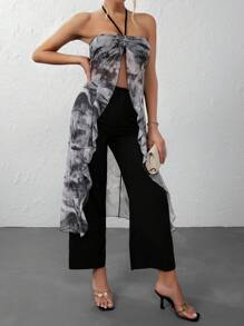 SHEIN LUNE Tie Dye Split Hem Halter Top & Wide Leg Pants - Black - View 4