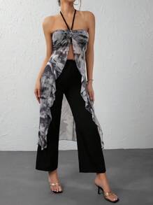 SHEIN LUNE Tie Dye Split Hem Halter Top & Wide Leg Pants - Black - View 5