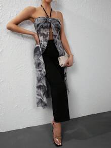 SHEIN LUNE Tie Dye Split Hem Halter Top & Wide Leg Pants - Black - View 6