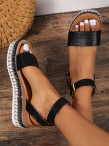 女性鱷魚壓紋厚底踝帶度假夏天涼鞋 - 黑色 - 查看 3