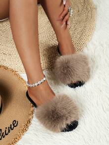 Women Minimalist Fuzzy Bedroom Slippers, Fashion Indoor Home Slippers - Khaki - View 4