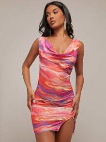 SHEIN BAE 大理石圖案露背下擺開叉網紗緊身洋裝 - 彩色 - 查看 2