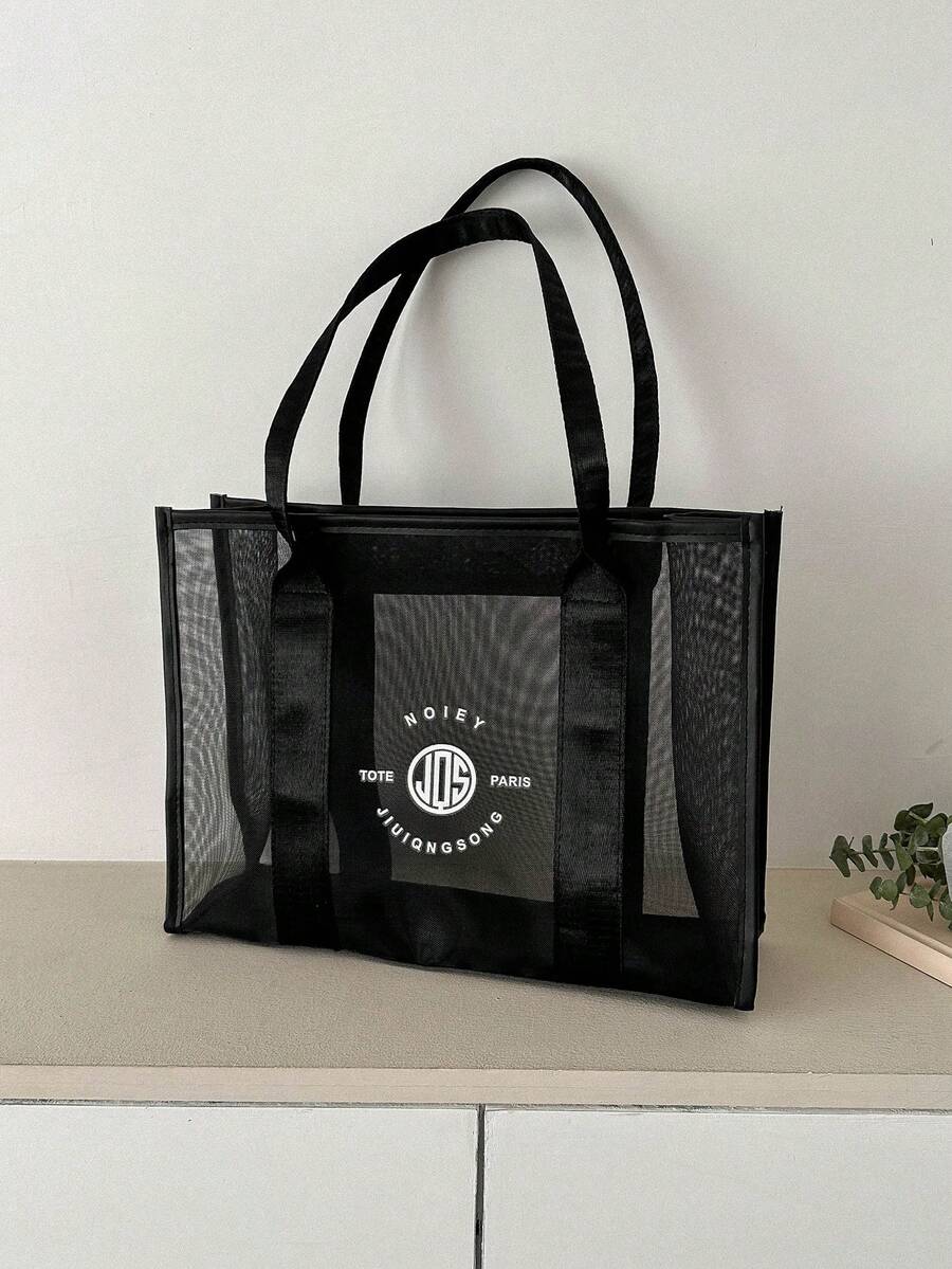 字母圖案單肩托特包雙把手中等 - 黑色 - 查看 1