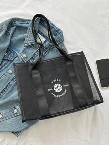 字母圖案單肩托特包雙把手中等 - 黑色 - 查看 5