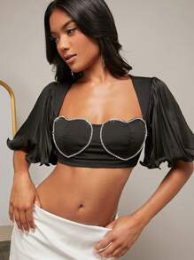 SHEIN BAE Rhinestone Heart Detail Butterfly Sleeve Crop Top - Black - View 1