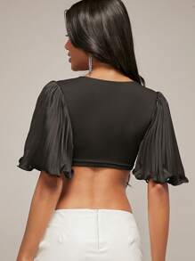 SHEIN BAE Rhinestone Heart Detail Butterfly Sleeve Crop Top - Black - View 2