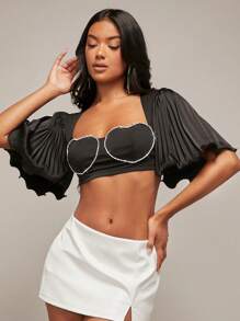 SHEIN BAE Rhinestone Heart Detail Butterfly Sleeve Crop Top - Black - View 4
