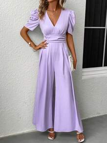 Chiquease Puff Sleeve Wide Leg Jumpsuit - Lilac Purple - View 1