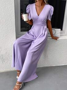 Chiquease Puff Sleeve Wide Leg Jumpsuit - Lilac Purple - View 6