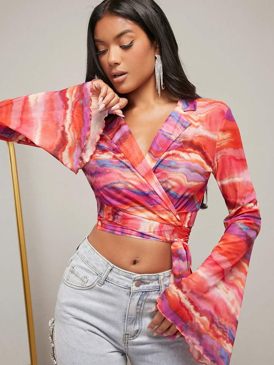SHEIN BAE 紮染側打結圍裹上衣 - 彩色 - 查看 1