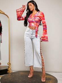 SHEIN BAE 紮染側打結圍裹上衣 - 彩色 - 查看 3