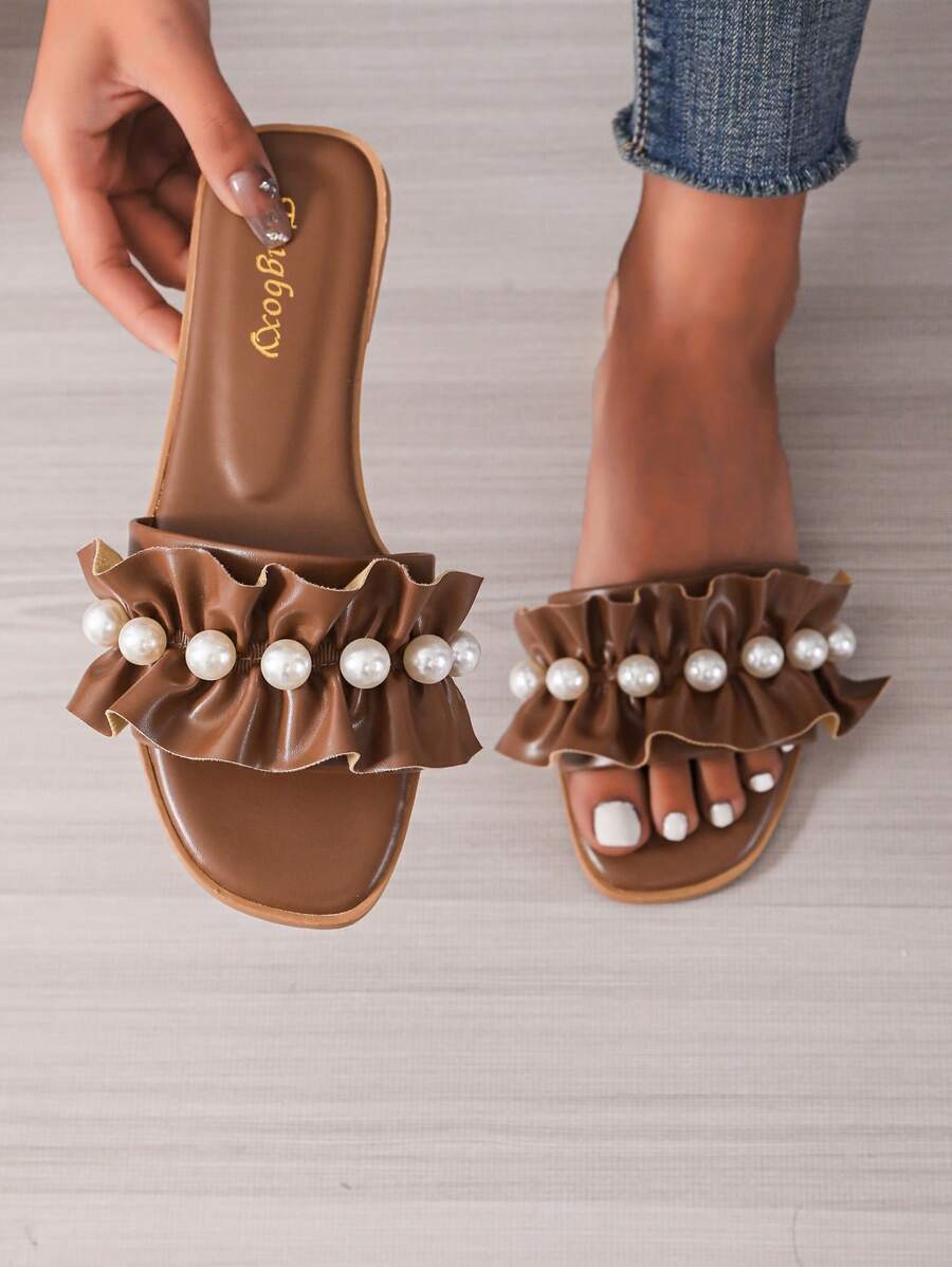Dép đế bằng lưới đính ngọc trai đi biển cho nữ - màu nâu - Xem 1